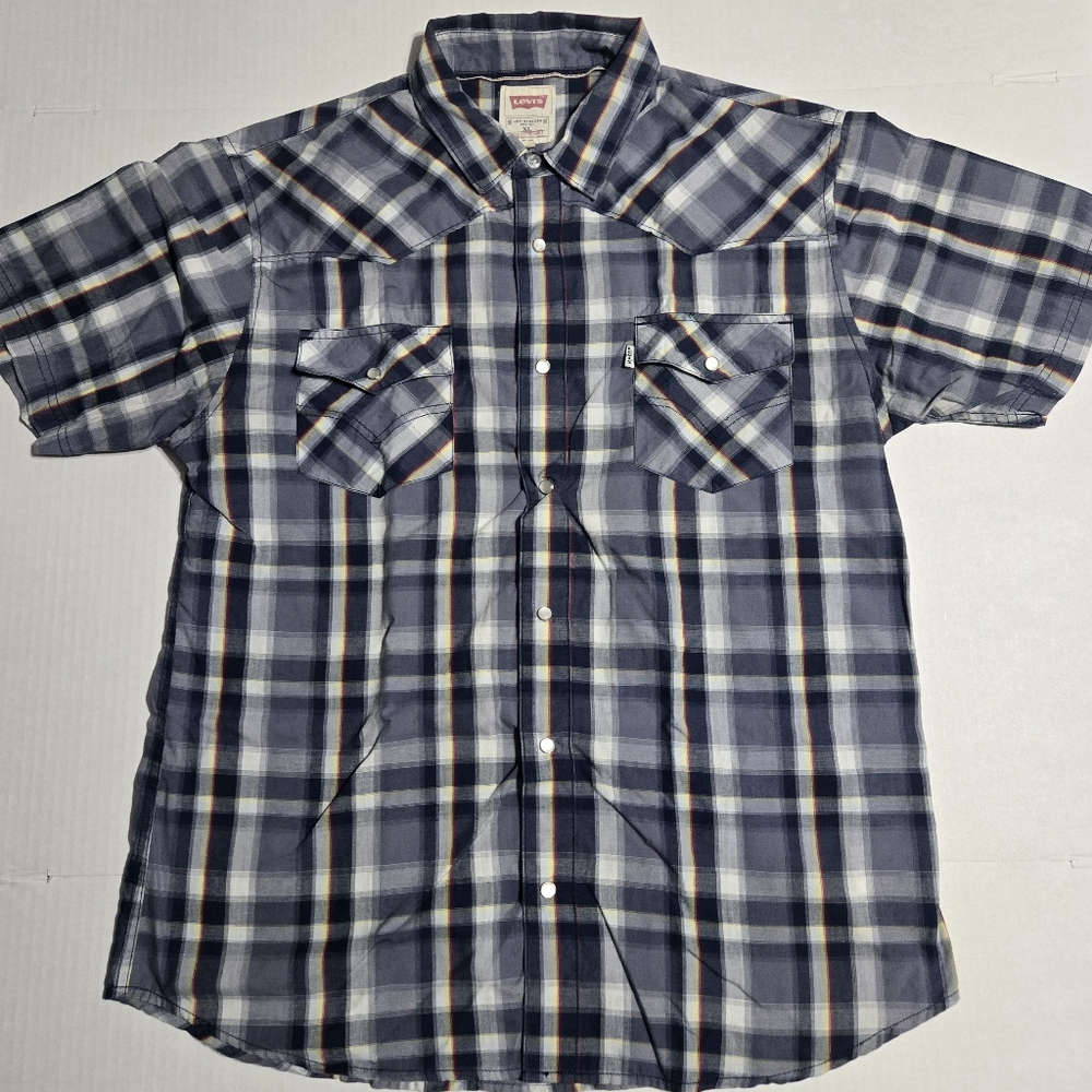 Levi’s Men's Button-Up Shirt Size XL Blue Western Plaid Snap Short Sleeve